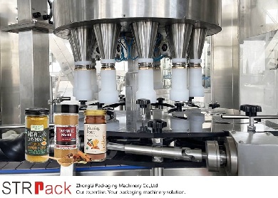 Linha automática de enchimento e fechamento rotativo com 12 cabeças para pós e grânulos finos.