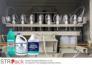 Linha automática de enchimento e fechamento de galões de desinfetante anticorrosivo para alvejante.